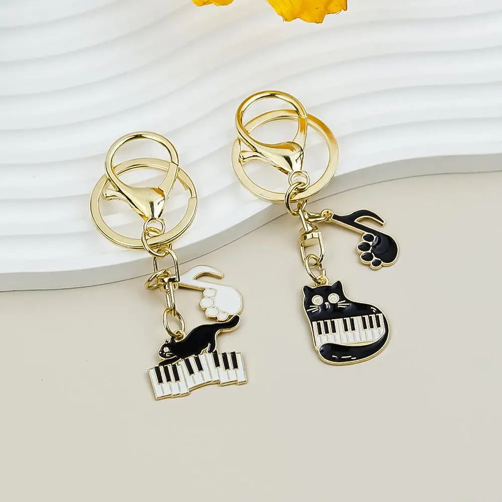 Cute Enamel Keychains Black Cat Music Note Piano Pet Key Rings For Women Men Musician Friend Gift Handbag Decoration Jewelry