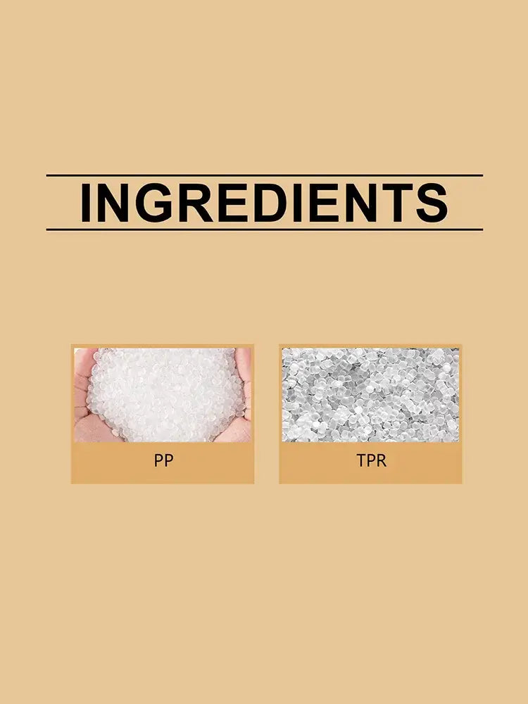 gránulos blancos y transparentes de plástico etiquetados como pp y tpr, utilizados en el juguete exprimible de panecillo al vapor con recipiente para vapor, para una textura suave y flexible.
