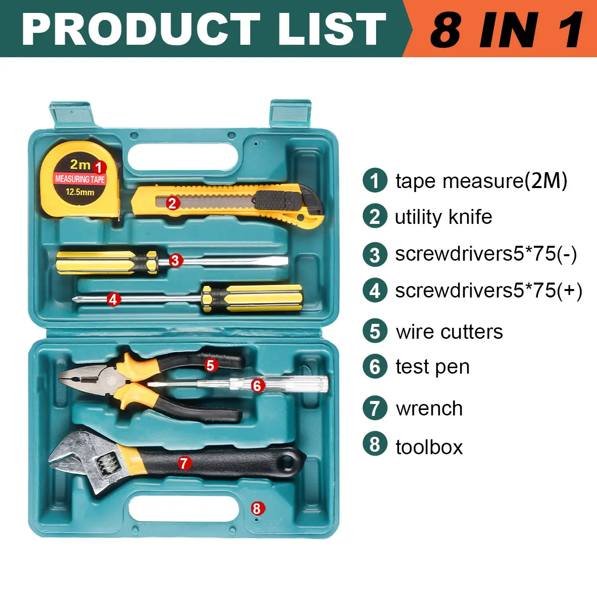 Juego de herramientas manuales domésticas de plástico color verde azulado Wozobuy con estuche de almacenamiento que contiene ocho herramientas, incluida una cinta métrica amarilla, un cuchillo multiusos con mangos negro y amarillo, destornilladores, cortadores de alambre, un probador de voltaje y una llave.