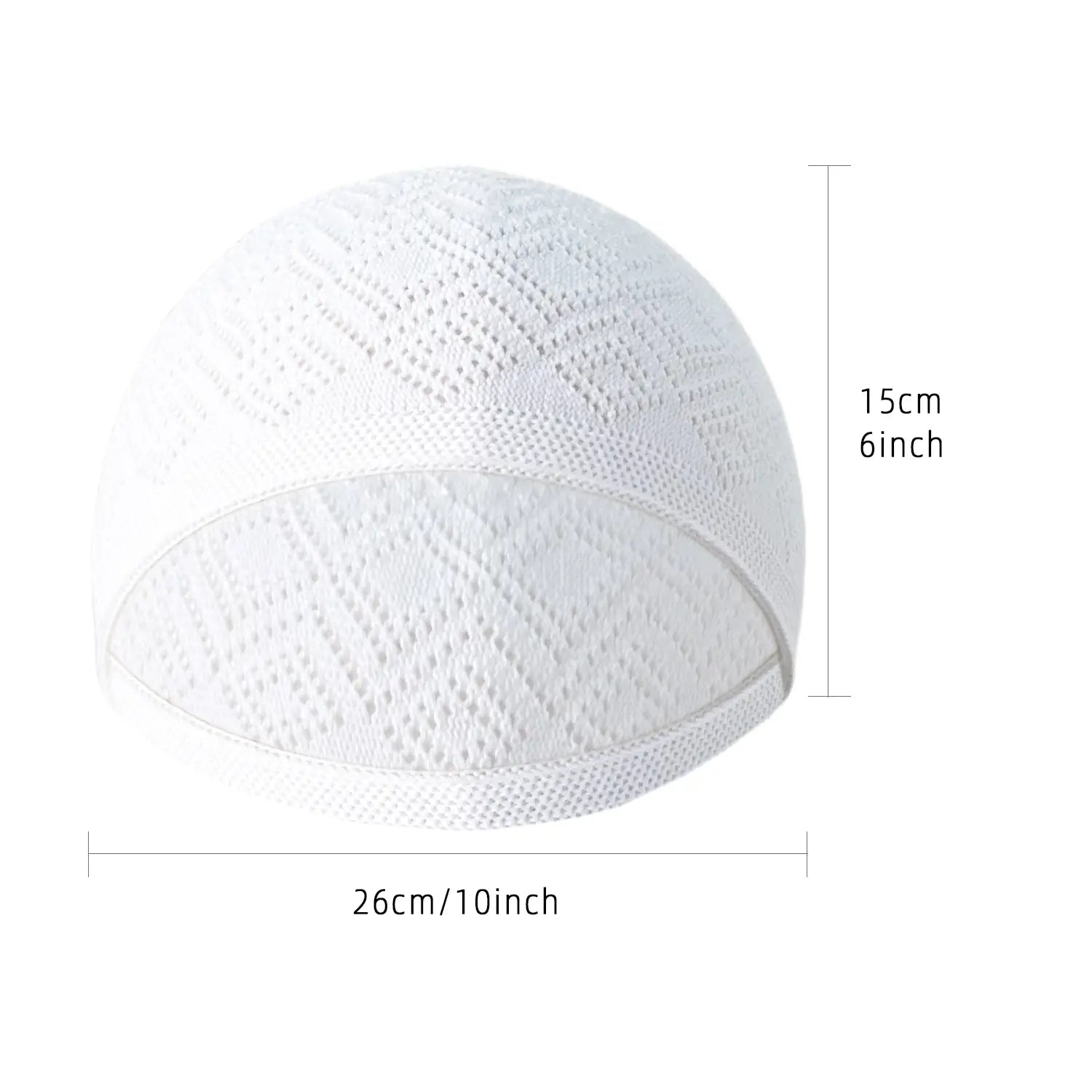 white knitted kufi beanie prayer cap with a diamond-patterned mesh design made of soft yarn