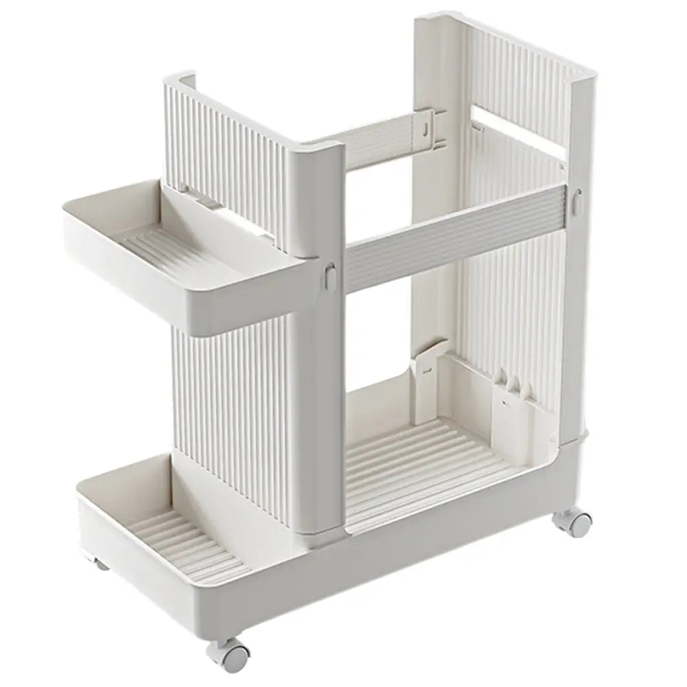 White plastic two-tier rolling cart with ribbed shelves and wheels designed as a gym equipment organizer trolley with a compact modern design.