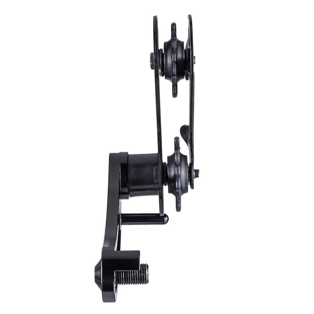 Black aluminium alloy bike chain tensioner stabilizer rear derailleur with sleek metallic finish and dual pulley system shown from the back side.