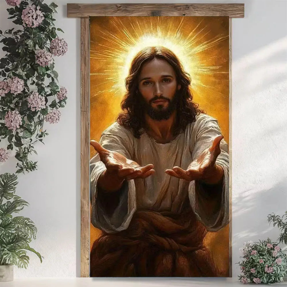 Eine strahlende religiöse Oster-Jesus-Türverkleidung mit goldfarbenem Farbton und ausgebreiteten Händen, eingefasst in einem rustikalen Holzrahmen, verwendet als Fotografie-Hintergrund-Banner.