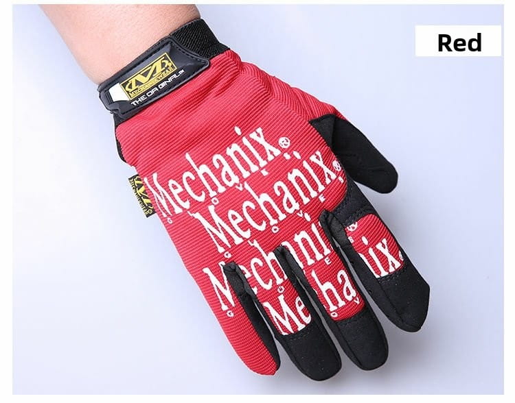Herren-Fahrradhandschuhe mit vollständigen Fingern, die die Rückseite zeigen, mit rotem Mechanix-Material, schwarzen verstärkten Fingerspitzen und Handfläche sowie einer kräftigen weißen Mechanix-Markengestaltung.