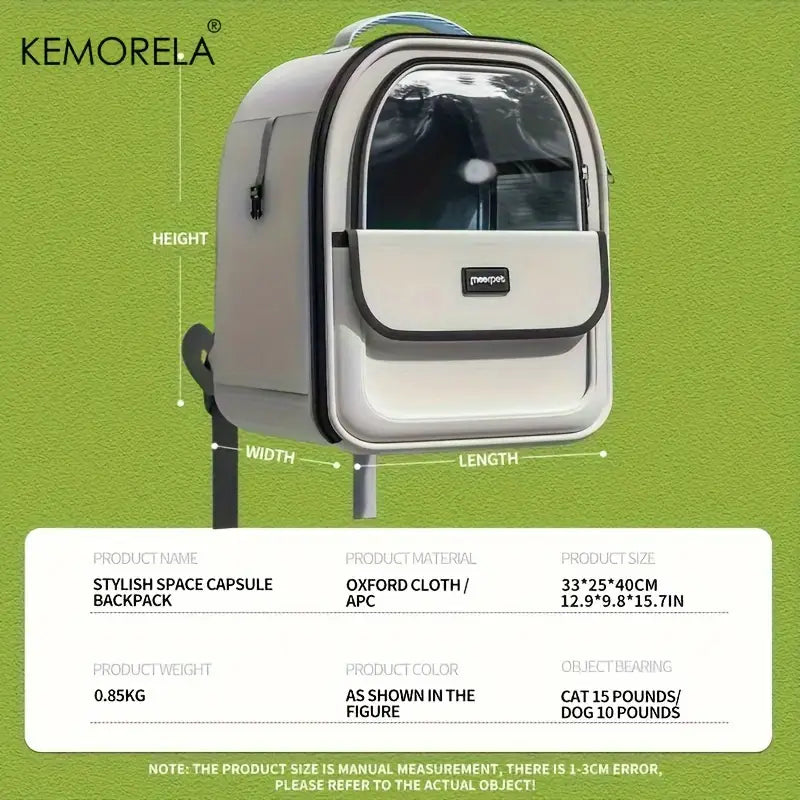 Una elegante mochila plegable para transportín de mascotas de malla gris claro, hecha de tela Oxford y material APC, con panel frontal transparente.