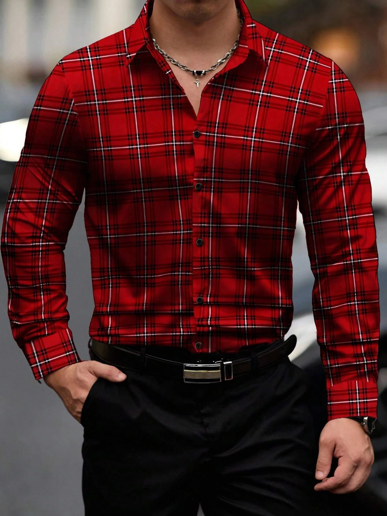 Men’s plaid long sleeve casual button up shirt featuring a vibrant red and black plaid pattern with white accents.