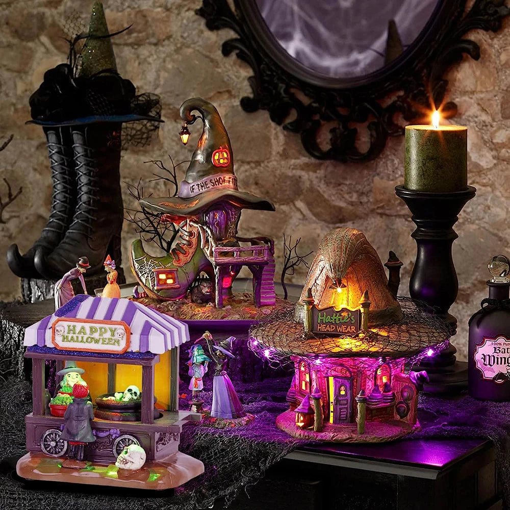 Halloween Spooky Village House Collectible with LED Lights Witch's Stall Shop Figurine Skeleton Decor for Holiday Atmosphere