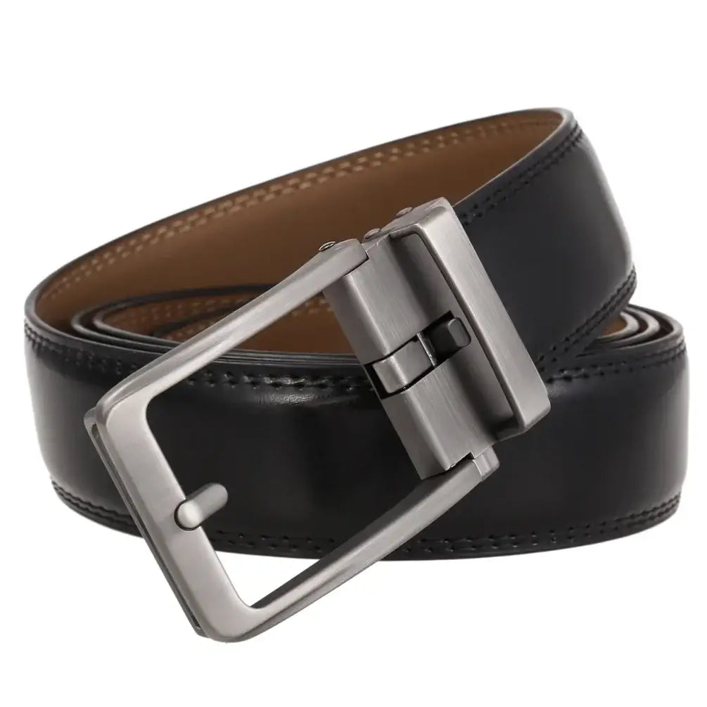 black leather mens belt with a silver toned automatic buckle designed for convenient fastening and durable wear