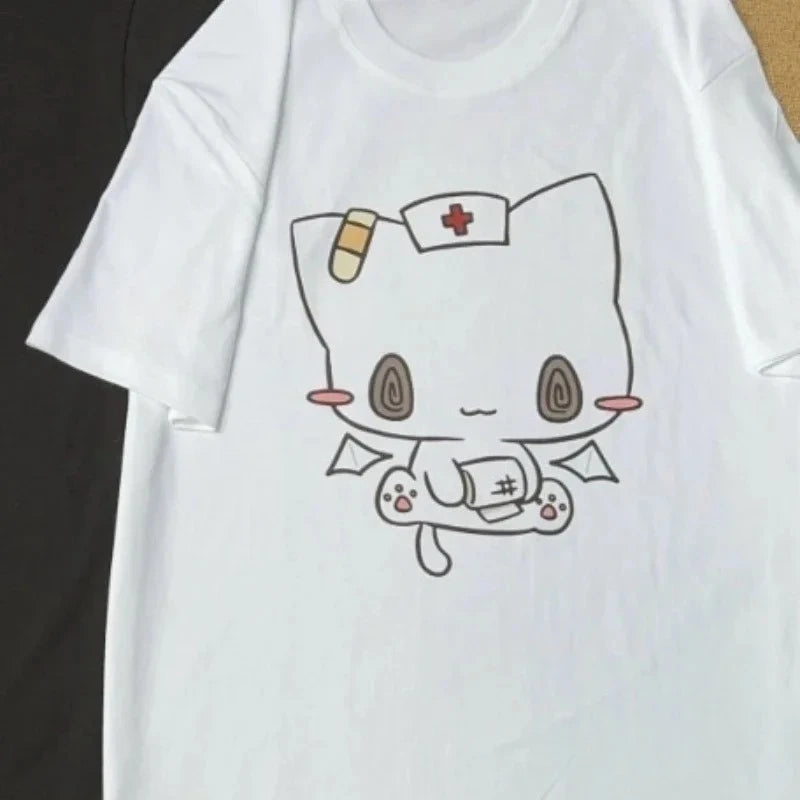 white cotton t-shirt featuring a cute cartoon nurse cat print with a red cross hat and medical kit in y2k harajuku style