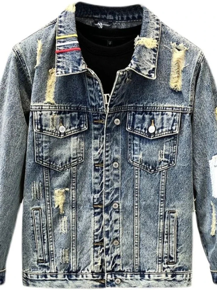 Men Vintage Embroidery Denim Jacket with Distressed Chic Casual Cowboy Fashionable Slim Fit Spring Autumn Youth Jeans Coat