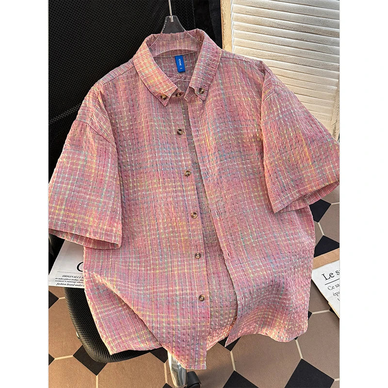 Short Sleeve Shirt Men Japanese Retro Summer New Casual Loose Solid Plaid Coats Popular Versatile Seersucker Ice Silk Tops