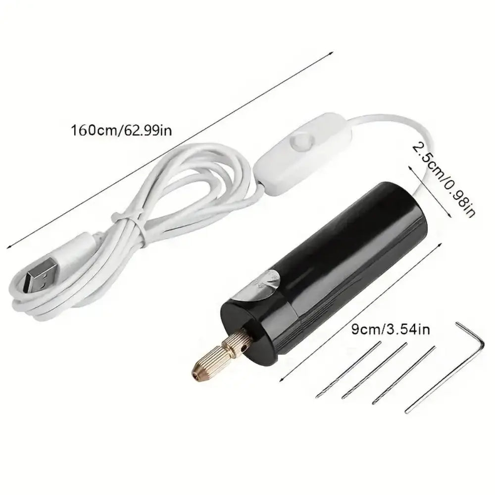 Black cylindrical usb-powered rotary tool with gold-colored chuck and included drill bits for resin and wood crafts use