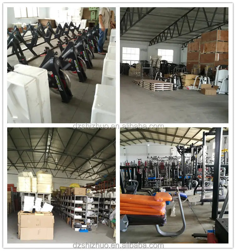 Black proform exercise bikes with metallic frames and padded seats arranged in rows inside a warehouse as part of 3-station multi-function home gym equipment.