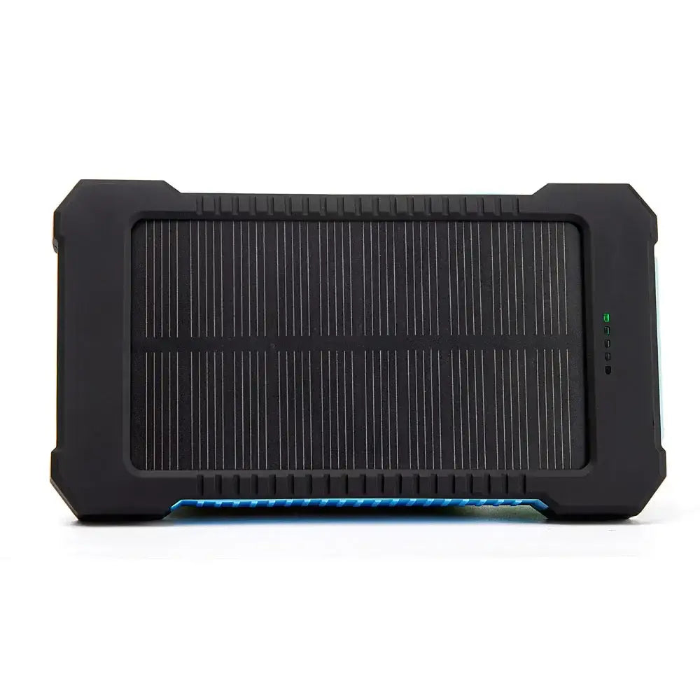 Black rugged solar power bank with 20000mAh capacity, dc5v dual usb ports, blue led lighting along the bottom edge, and integrated solar panel for portable charging.