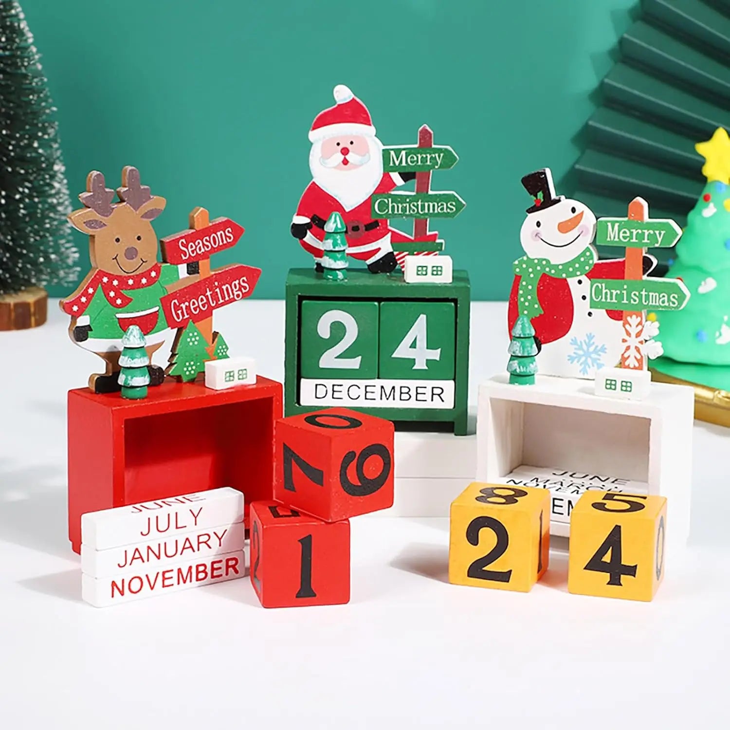 Christmas  Wooden Calendar with Blocks,Santa Snowman Deer Decor for Holiday/Farmhouse/Kitchen/Table/Room, Children Toys & Gifts