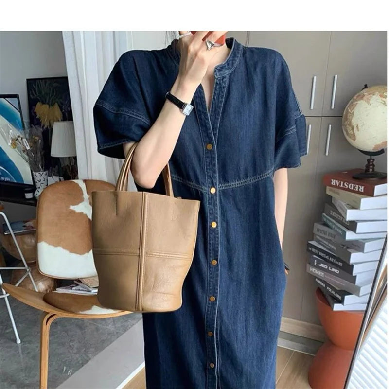 Vintage Denim Women's Dresses for 2026 Summer Thin Casual Jeans Dress Loose Plus Size Lady Vestidos Female Clothes Robe KE6062