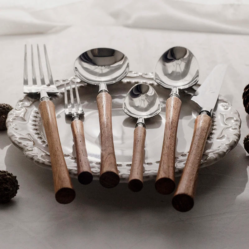 6Pcs 304 Stainless Steel Cutlery Set, Wooden Handle Dinner Fork Knife Spoon Flatware Dinnerware Tableware