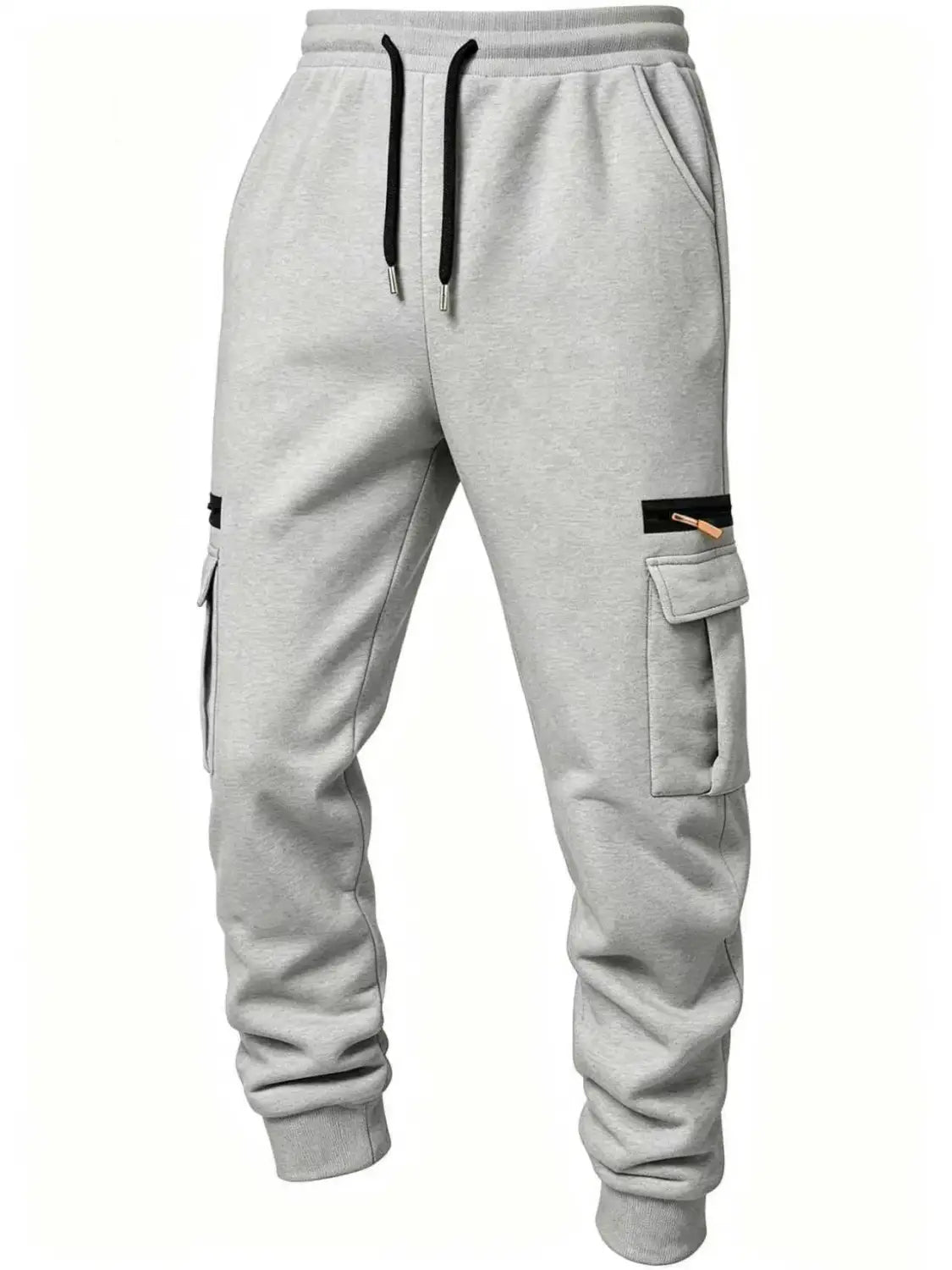 Joggers cargo gris décontractés, amples, droits et bouffants d’hiver pour hommes, avec des cordons de serrage noirs et des poches avec empiècements zippés.