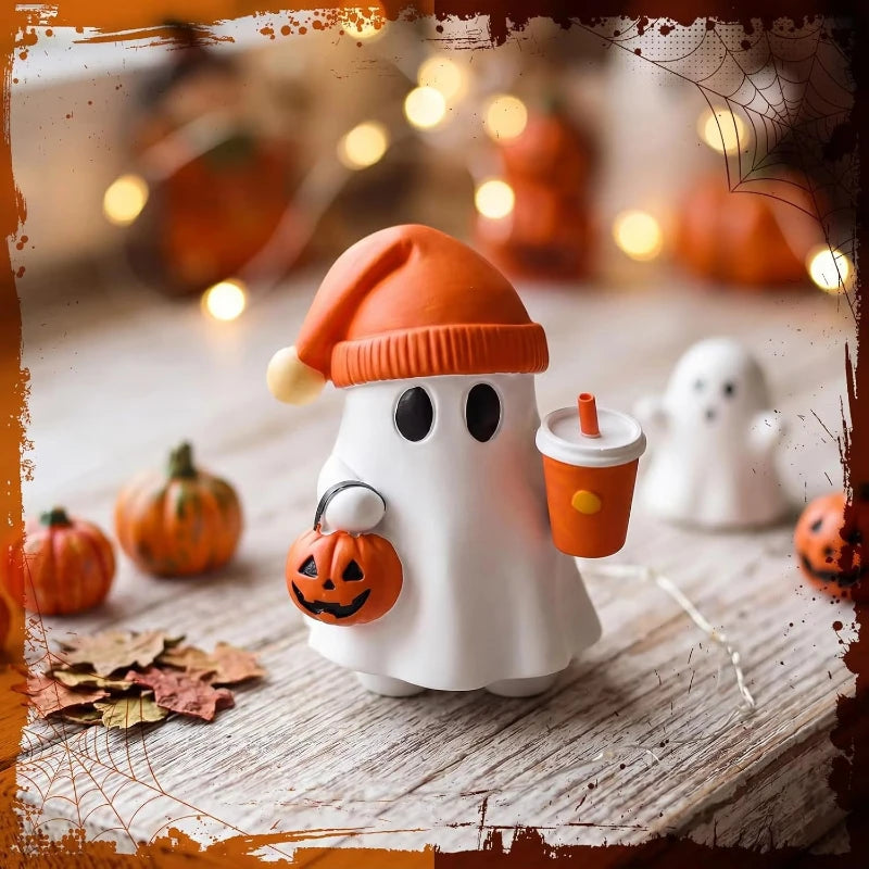 Halloween Ghost Statue Cute Resin Figurine Pumpkin Bucket Orange Drink Cup Tabletop Home Office Gift Decor