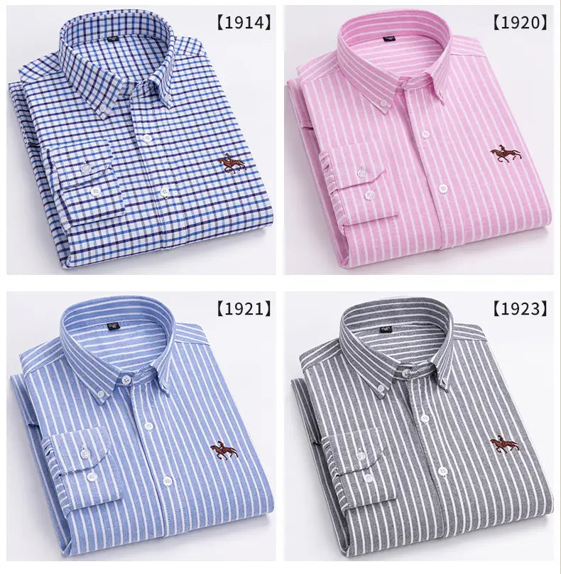 Quatre chemises boutonnées pliées pour homme en oxford à coupe ajustée 100 % coton, dans des motifs et des couleurs différents, chacune arborant un petit logo de joueur de polo brodé sur la partie gauche de la poitrine.