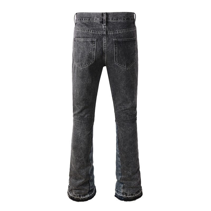 Men flare jeans in distressed dark gray denim with a flared leg cut and frayed cuffs.