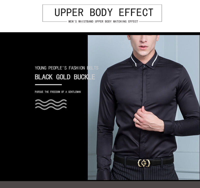 Ceinture en cuir blanc pour homme avec logo g à entrelacement associée à une chemise habillée noire à manches longues, avec bordure blanche au niveau du col et des poignets, ainsi qu’à une ceinture noire avec boucle dorée.