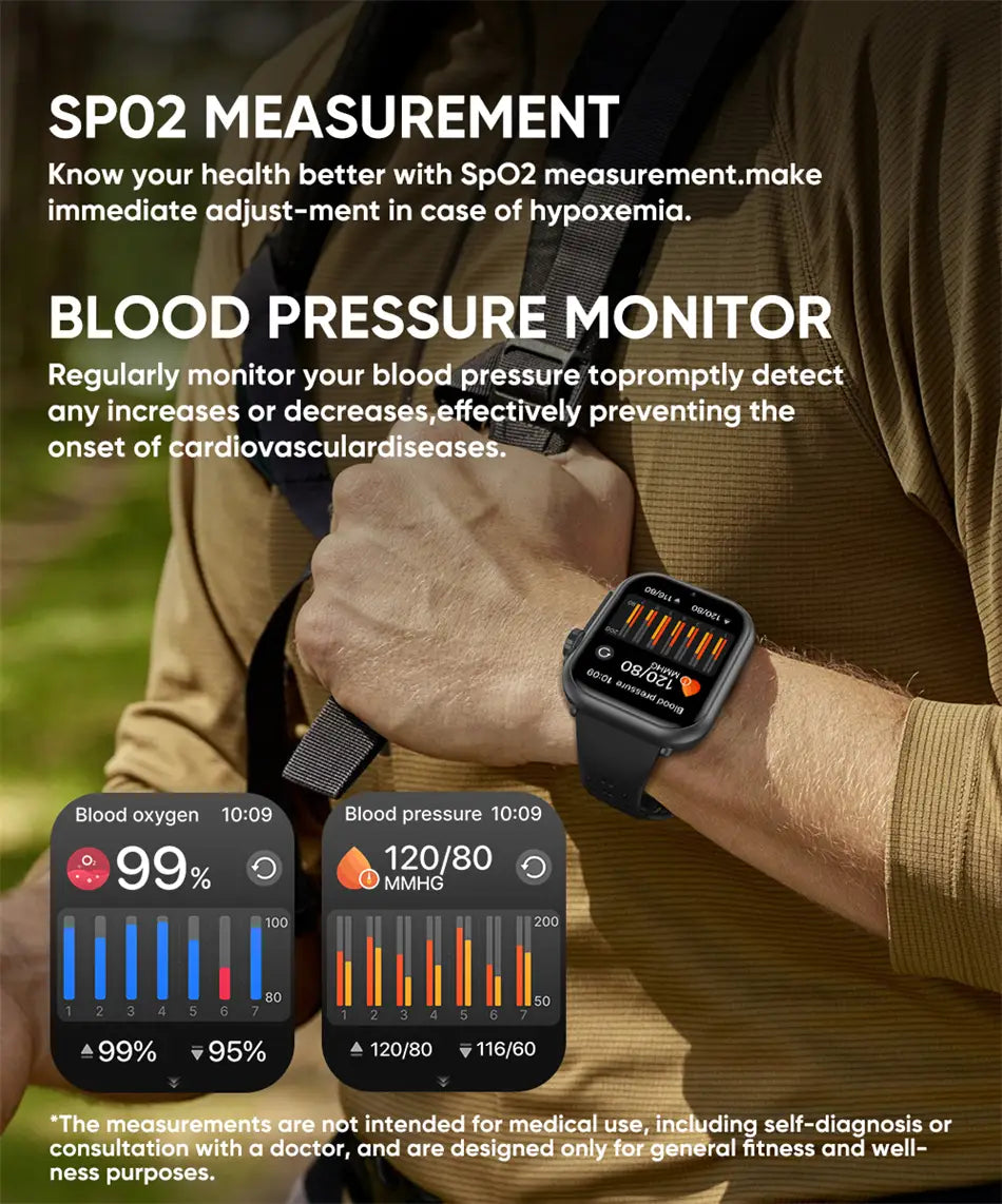 Schwarzer AMOLED-Bluetooth-Smartwatch-Fitness-Tracker mit IP68-Einstufung und rechteckigem Display, das Messwerte für Blutsauerstoff und Blutdruck anzeigt.