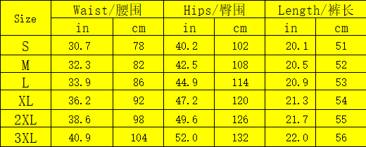 女性用パンツのサイズ表。インチおよびセンチメートルでの計測値を、サイズSから3XLまで示し、男性用カーゴショーツ（タクティカル、アウトドアハイキング、ポリエステル）に関連する内容。