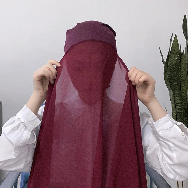 Muslim Women Chiffon Hijab With Cap Bonnet Instant Chiffon Hijab Pinles Shawl Head Scarf Under scarf Caps Cover Headwrap