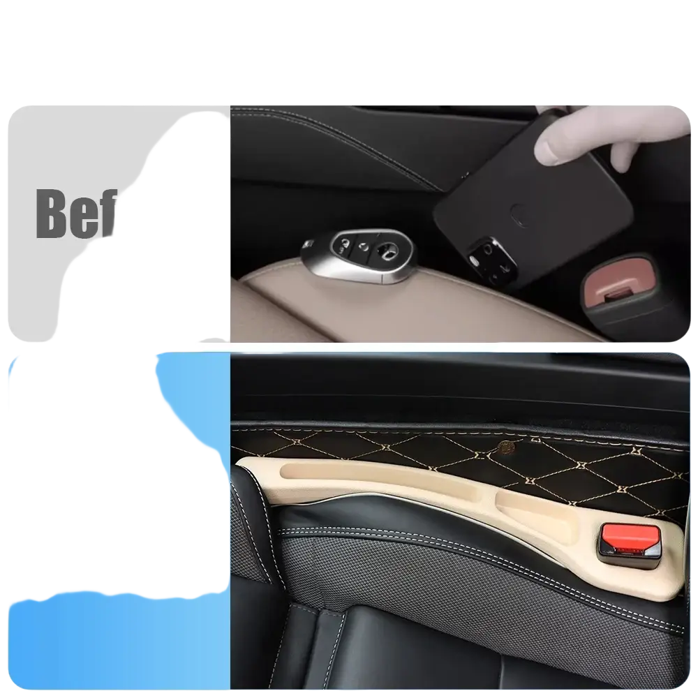 Beige leather car seat armrest organizer with diamond-stitched pattern and red button for class amg glc ml slk models