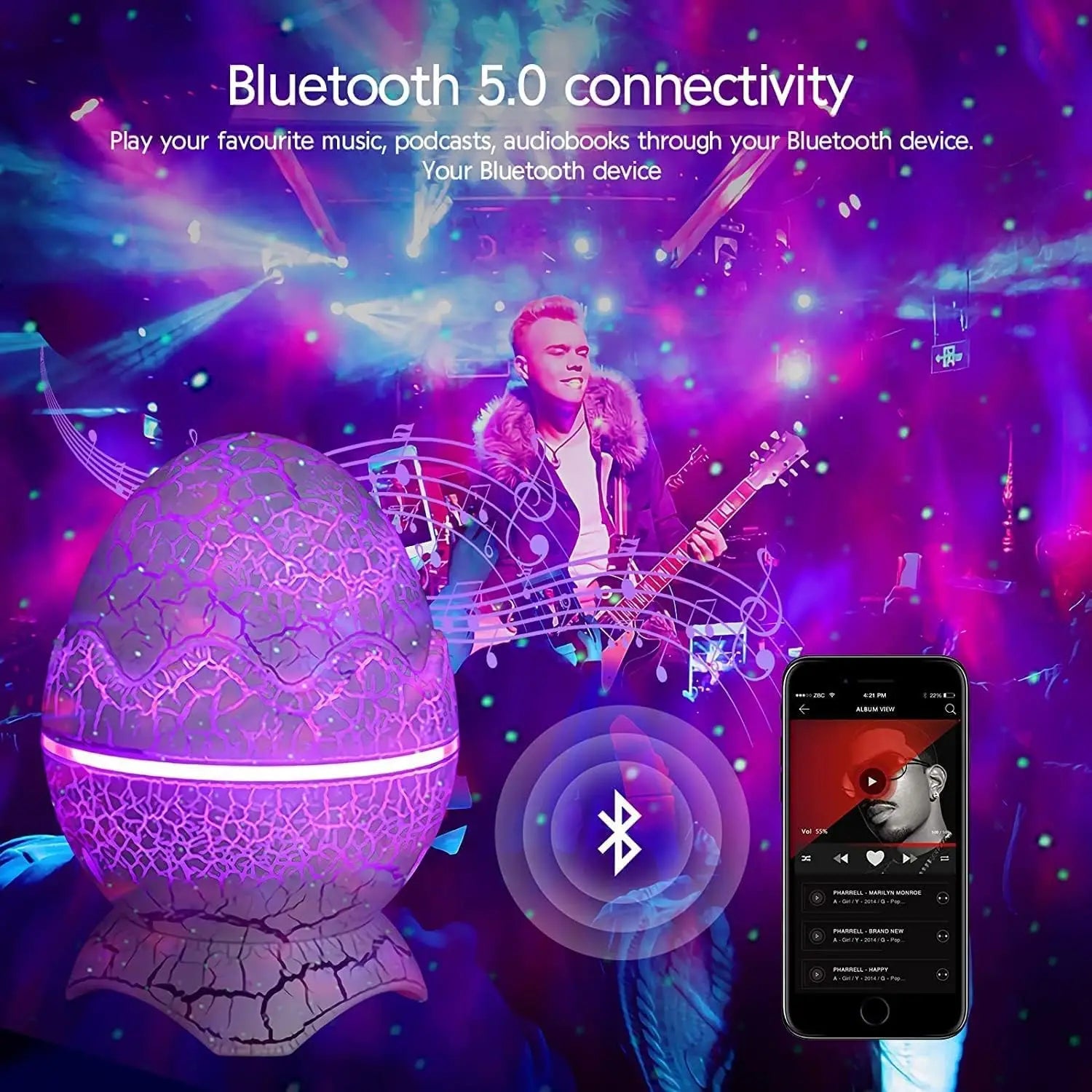 Haut-parleur Bluetooth 5.0 violet à texture fissurée, avec anneau néon lumineux et base ornée, conçu comme un projecteur d’étoiles lumineux de nuit en forme de galaxie d’œuf de dinosaure.