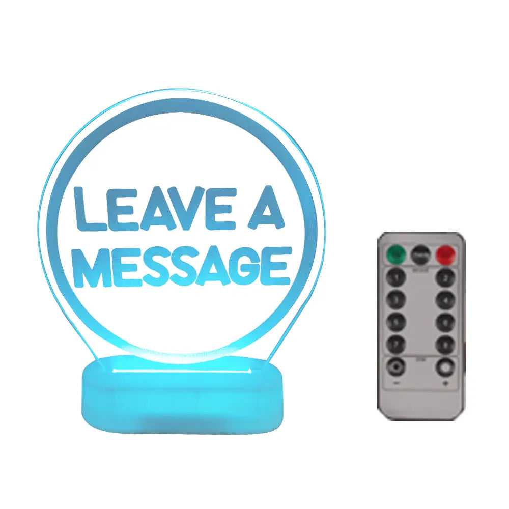 Lámpara LED circular azul brillante con el texto 'deje un mensaje' iluminado en acrílico translúcido y un control remoto para el teléfono de registro de audio antiguo diseñado para bodas y eventos.