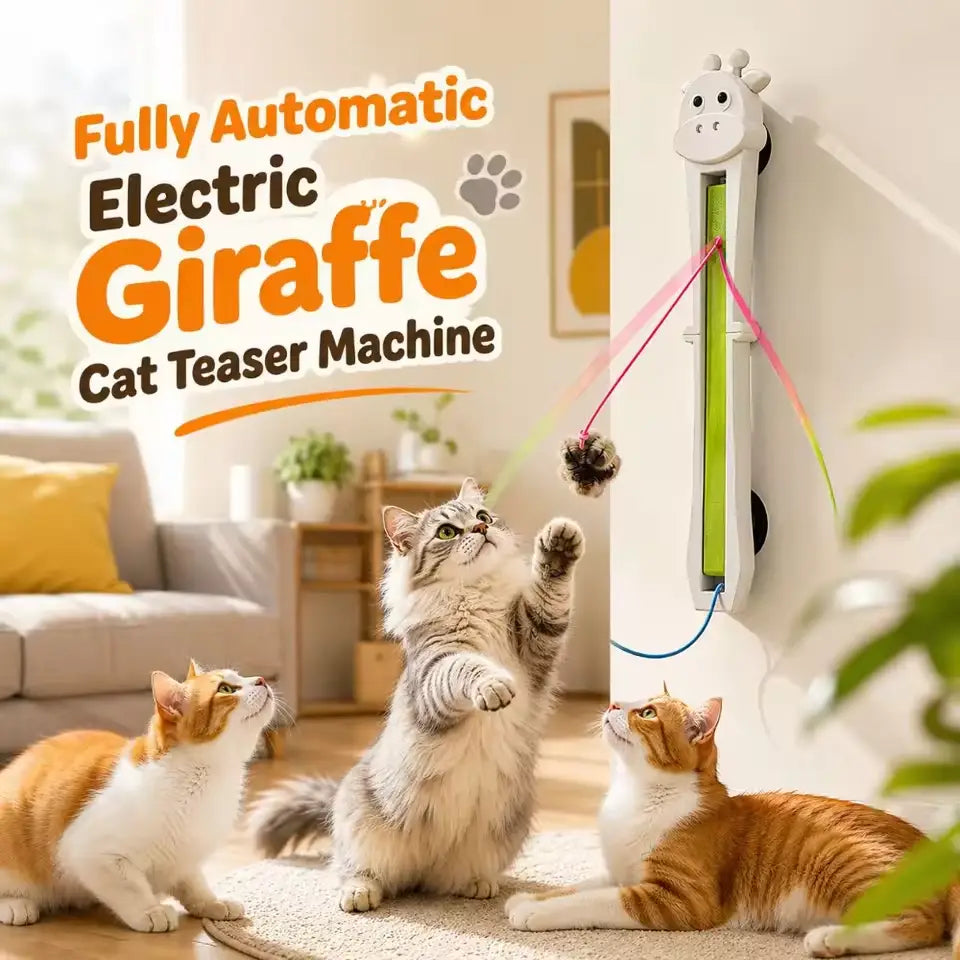 white plastic giraffe-shaped automatic interactive cat toy with a green vertical slot and a dangling pink ribbon for wall mounting