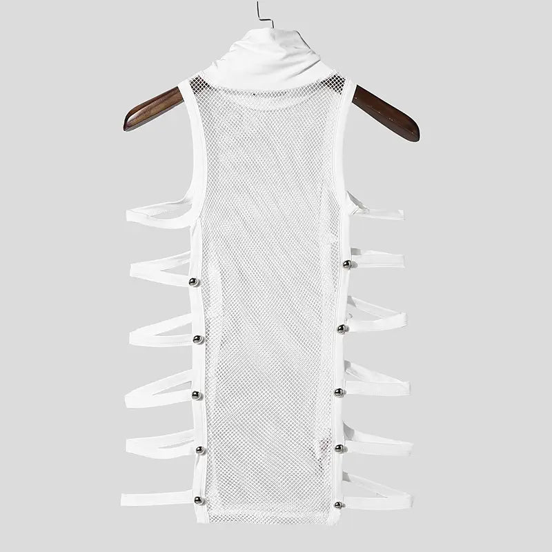 Men mesh turtleneck tank top in white mesh fabric featuring vertical straps and silver-toned buttons.