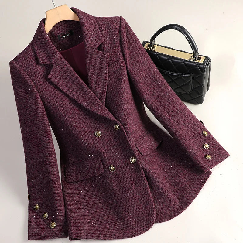 Women Wool Blazers Autumn Winter Jacket Coat New High-end Temperament Casual Suit Ladies Office Double Breasted Blazer Outerwear