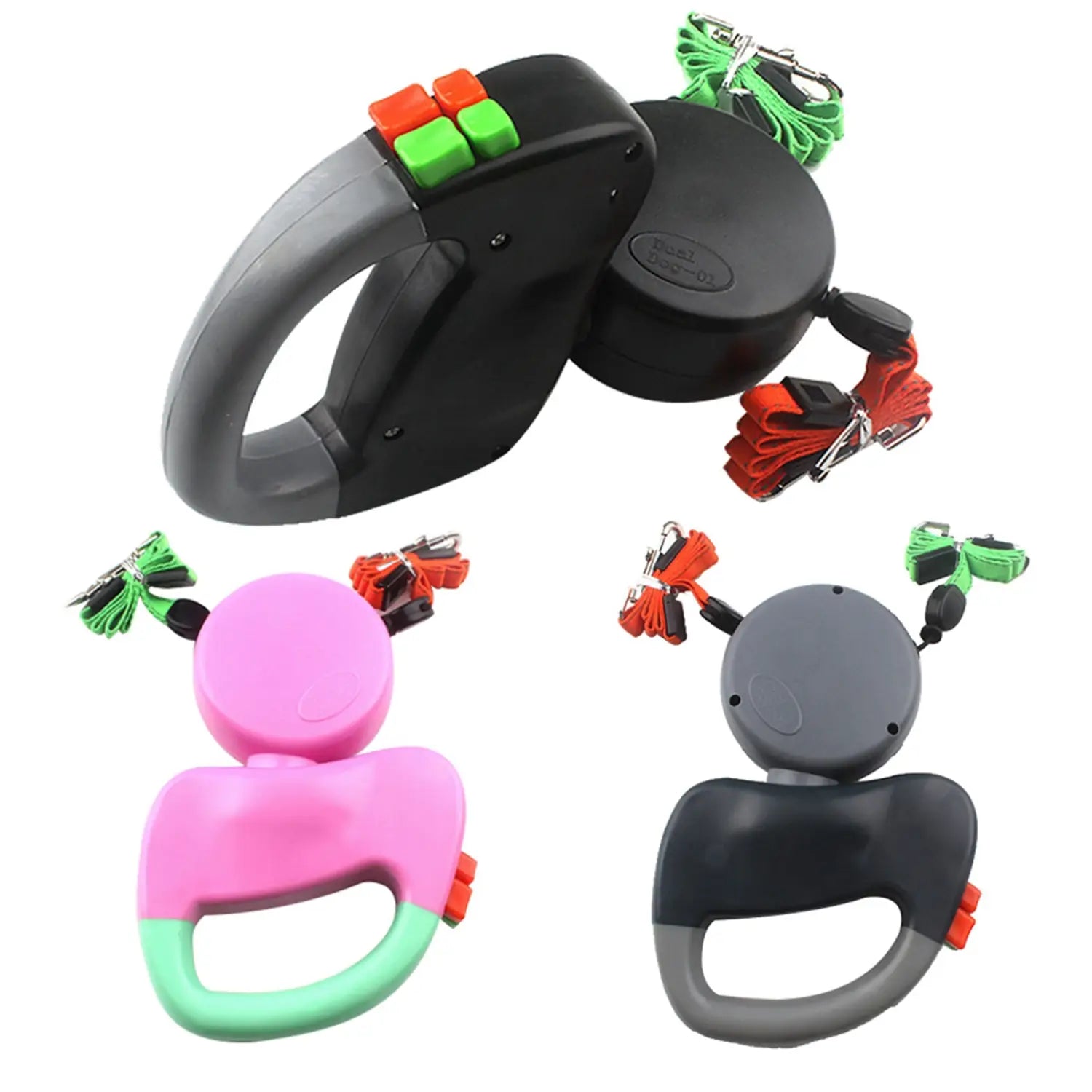 Schwarz- und graue Laufzug-Leine für zwei Hunde mit orangefarbenen und grünen Knöpfen sowie einem eleganten ergonomischen Griffdesign für eine 3-Meter-Ausführung mit Rückzugsfunktion.
