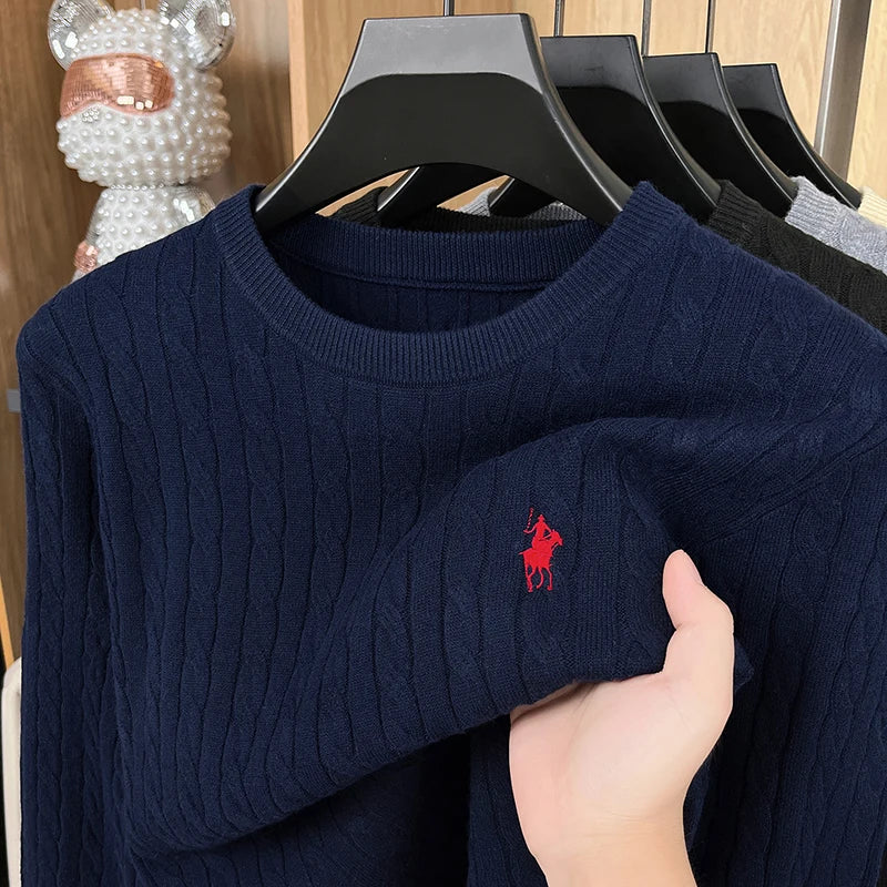 Navy blue men embroidered cable knit sweater featuring a red embroidered polo ralph lauren logo on the chest.