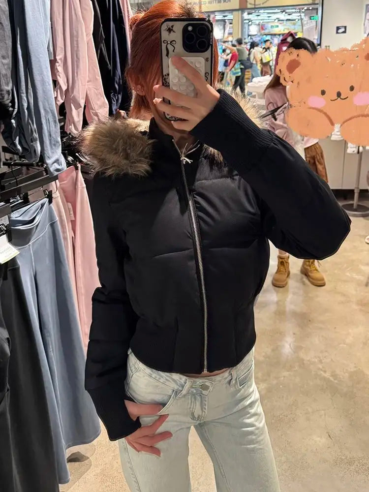 Autumn & Winter High-Waisted Cropped Jacket Sweet Warm Cotton Padded Coat Women Fur Collar Hooded Jacket Y2k Parkas Streetwear