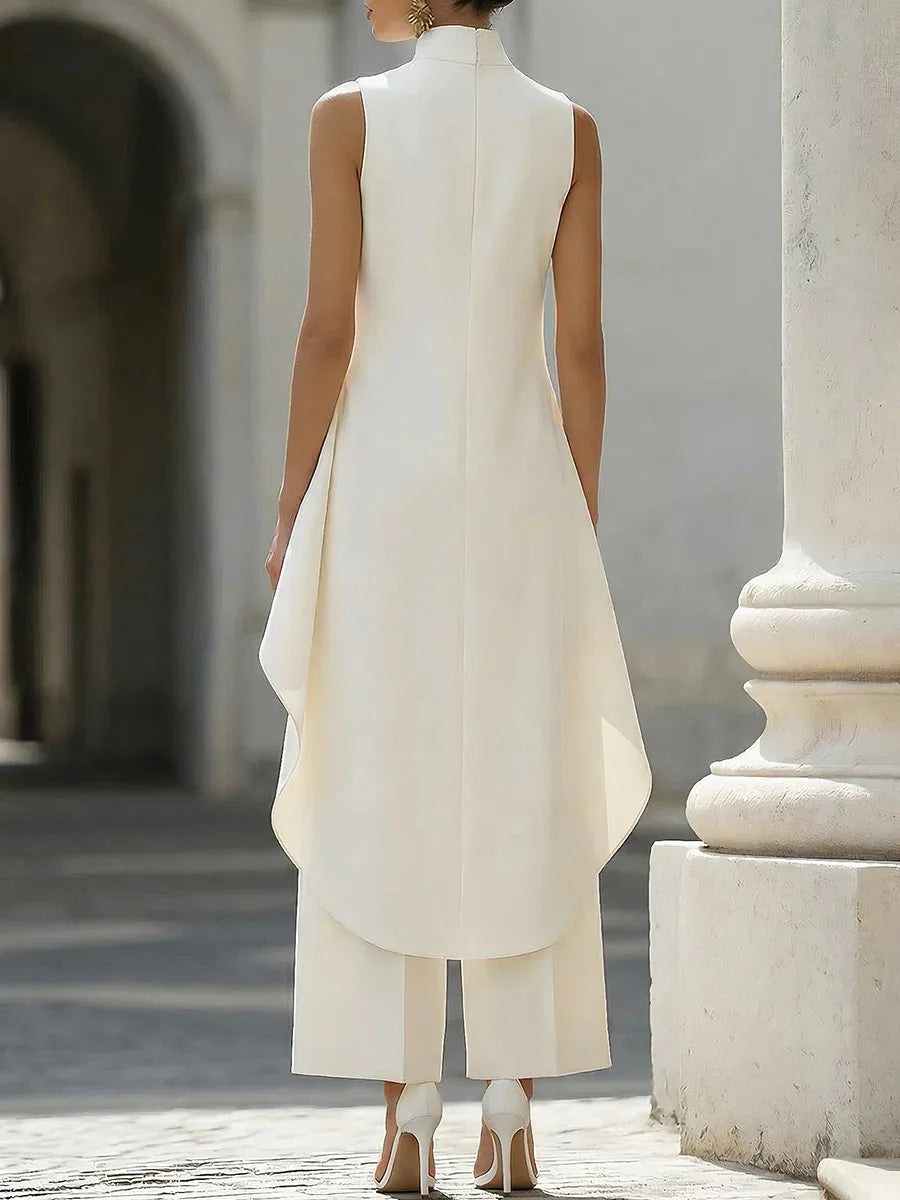Women Stand Neck Sleeveless Layered Long Vest Wide Leg Pants Co Ord Set Elegant Business Formal Office Commuter Two Piece Outfit