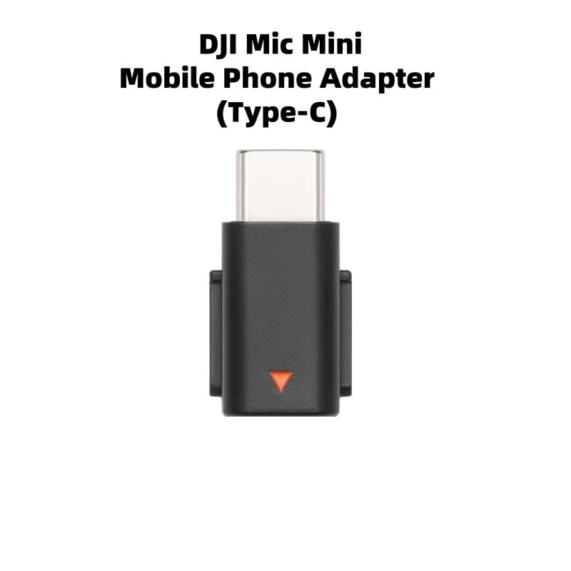 Schwarzer DJI Mic Mini Type-C-Telefonadapter mit orangefarbenem Dreiecksanzeige, ausgelegt für Mobiltelefone.