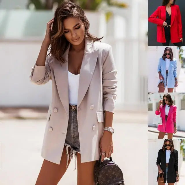 Blazer women 2026 casual Autumn Winter Long-sleeved double-breasted solid color long blazer women's clothing