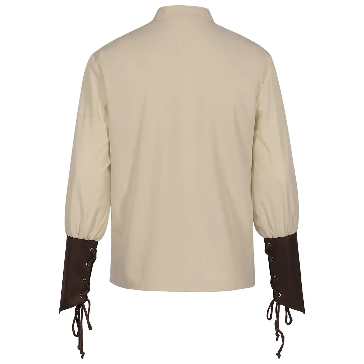 Beige mens pirate medieval renaissance long-sleeved shirt with dark brown lace-up cuffs shown from the front.
