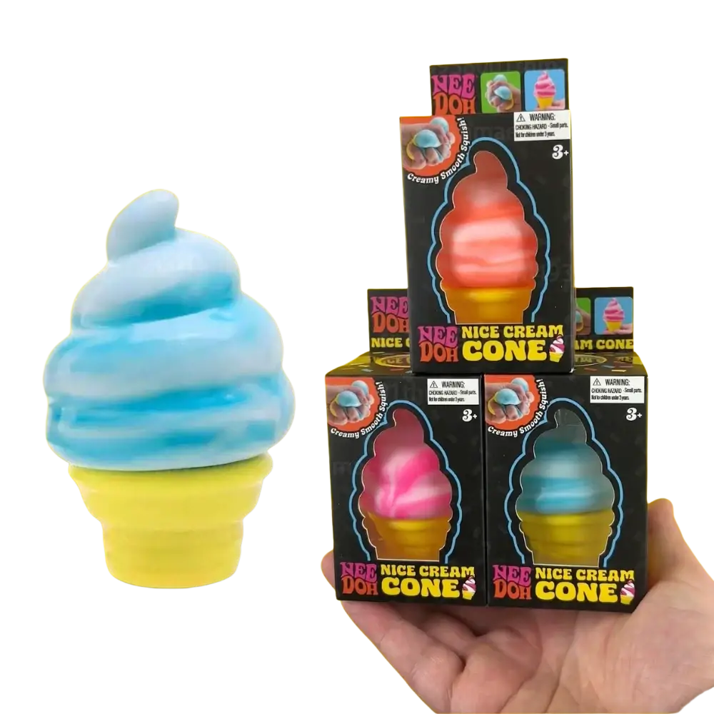 A blue and yellow nee doh ice cream cone squishy stress reliever shown from the front with a smooth texture