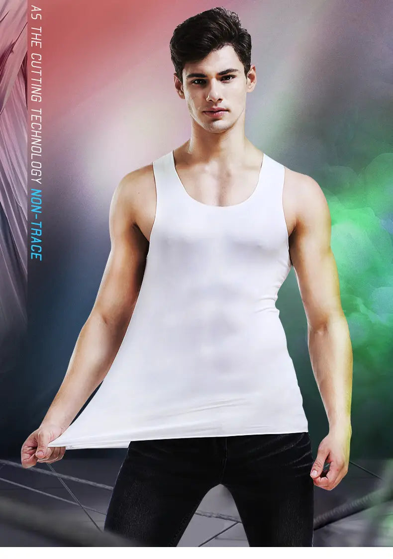 Débardeur sans manches blanc en soie de glace, sans coutures, pour hommes, de style ajusté simple.