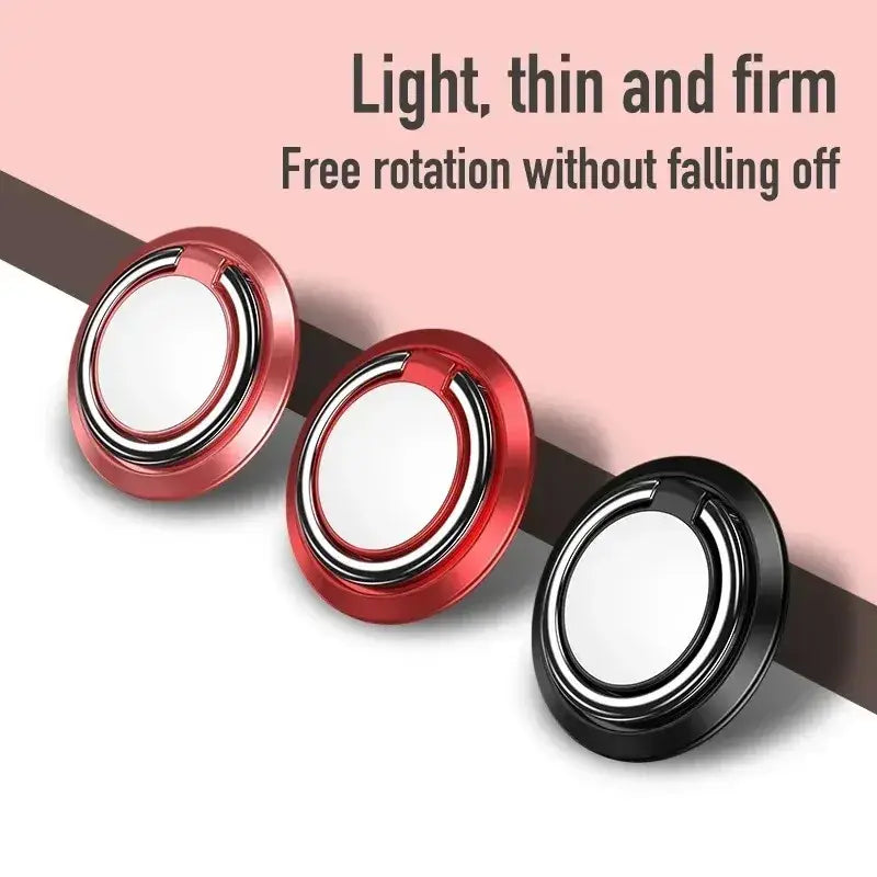 Red and black metallic magnetic phone holder finger ring stand with sleek circular concentric ring design front view