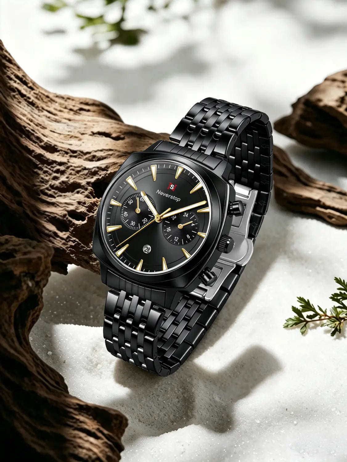 Men’s stainless steel chronograph watch featuring a black stainless steel rectangular case with gold-tone hands and markers and a linked bracelet.