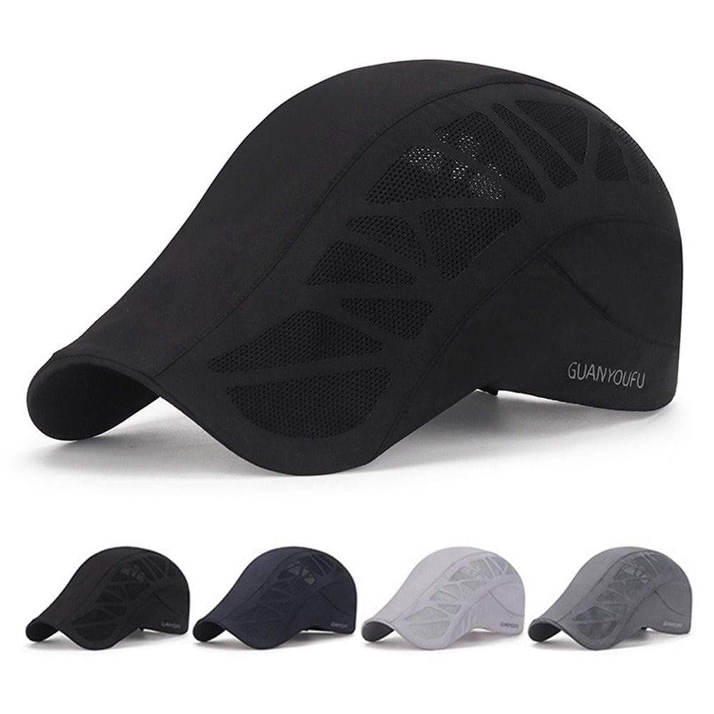 Gorra de béisbol de malla negra con una visera curva elegante y paneles de tejido transpirable, diseñada como gorra transpirable para conducir en verano y para golf.