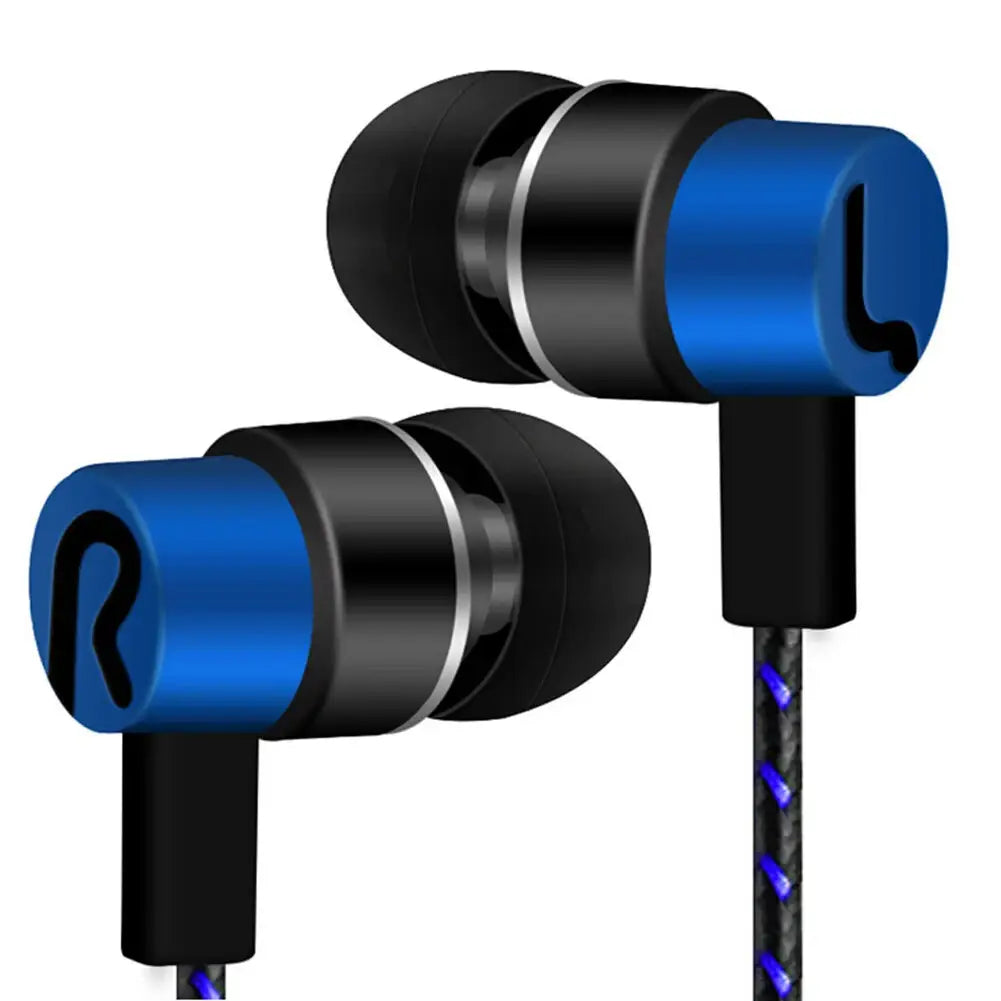 Blue and black bass stereo in ear wired headphones with a sleek metallic finish and an l-shaped logo on the earpiece.