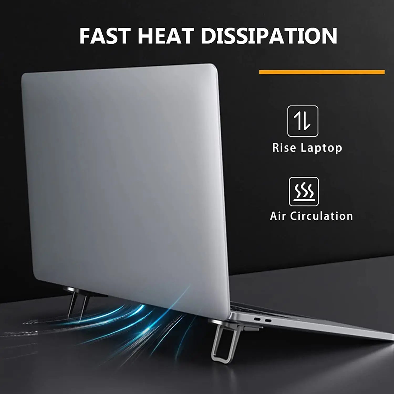 silver portable foldable laptop stand with sleek metal legs and minimalist design for fast heat dissipation and adjustable height riser