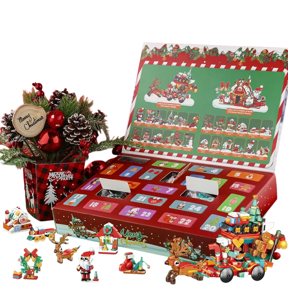 Red 24-day christmas surprise advent calendar with colorful numbered compartments and building block gifts inside